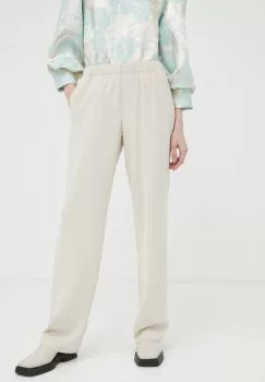Samsoe Samsoe pantaloni femei, culoarea bej, drept, high waist imagine