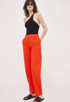 Samsoe Samsoe pantaloni femei, culoarea portocaliu, drept, high waist imagine