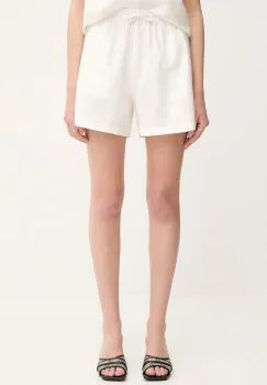 Samsoe Samsoe pantaloni scurti din in MAREN culoarea verde, uni, high waist, F23900001 imagine