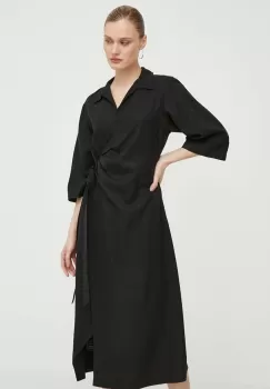 Samsoe Samsoe rochie din amestec de in culoarea negru, midi, evazati imagine