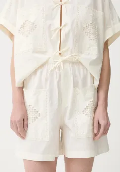 Sessun pantaloni scurti din bumbac culoarea bej, uni, high waist, 25206002 imagine