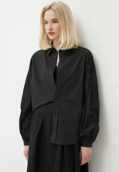 Sisley camasa din bumbac femei, culoarea negru, cu guler clasic, relaxed imagine