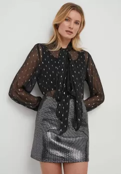 Sisley camasa femei, culoarea negru, cu un decolteu legat, regular imagine