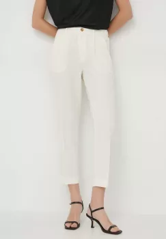 Sisley pantaloni femei, culoarea bej, drept, high waist imagine