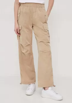 Sisley pantaloni femei, culoarea bej, drept, high waist imagine