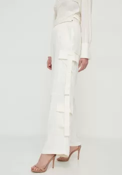 Sisley pantaloni femei, culoarea bej, lat, high waist imagine