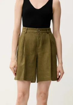 Sisley pantaloni scurti din in culoarea verde, uni, high waist, 4AGHL901K imagine