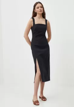 Sisley rochie din in culoarea negru, midi, drept imagine