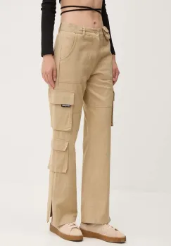 Sixth June pantaloni de bumbac culoarea bej, fason cargo, high waist imagine