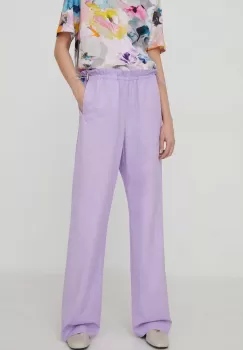 Stine Goya pantaloni de bumbac Carola Solid culoarea violet, drept, high waist imagine