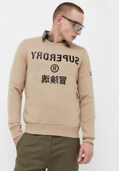Superdry bluza barbati, culoarea bej, cu imprimeu imagine