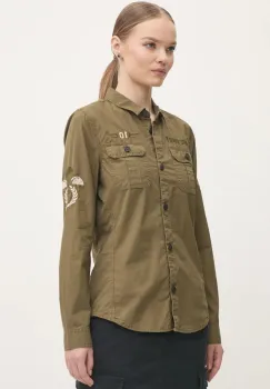 Superdry camasa din bumbac femei, culoarea verde, cu guler clasic, regular, W4010438A-A2Q imagine