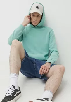 Superdry hanorac de bumbac barbati, culoarea turcoaz, cu gluga, cu imprimeu imagine
