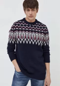 Superdry pulover din amestec de lana barbati, culoarea albastru marin imagine