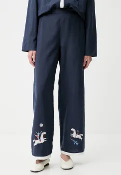 The Sleeper pantaloni din amestec de in culoarea bleumarin, drept, high waist, FW2402EP imagine