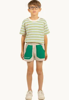 Tinycottons pantaloni scurti copii COLOR BLOCK SHORT culoarea bej, cu imprimeu, SS25-251 imagine