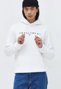 Tommy Jeans bluza barbati, culoarea alb, cu gluga, cu imprimeu imagine