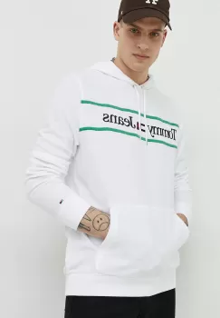 Tommy Jeans bluza barbati, culoarea alb, cu gluga, cu imprimeu imagine