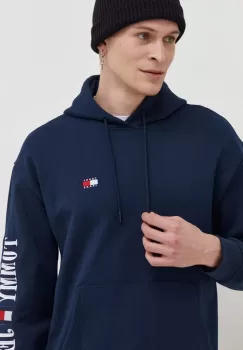 Tommy Jeans bluza barbati, culoarea albastru marin, cu gluga, cu imprimeu imagine