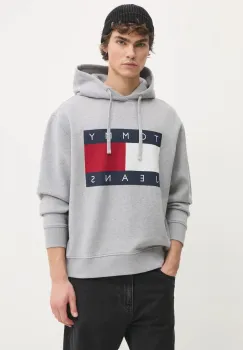 Tommy Jeans bluza barbati, culoarea gri, cu gluga, cu imprimeu, DM0DM21174 imagine