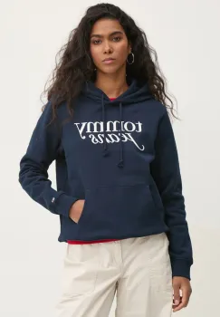Tommy Jeans bluza femei, culoarea albastru marin, cu gluga, cu imprimeu, DW0DW20170 imagine