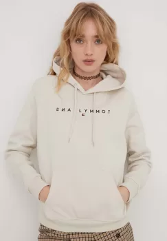 Tommy Jeans bluza femei, culoarea bej, cu gluga, cu imprimeu imagine