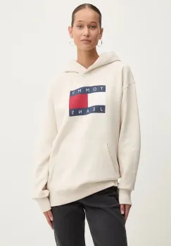 Tommy Jeans bluza femei, culoarea bej, cu gluga, cu imprimeu, DW0DW19047 imagine