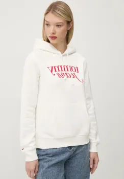 Tommy Jeans bluza femei, culoarea bej, cu gluga, cu imprimeu, DW0DW20170 imagine