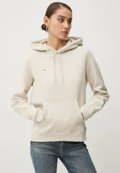 Tommy Jeans bluza femei, culoarea bej, cu gluga, neted, DW0DW19958 imagine