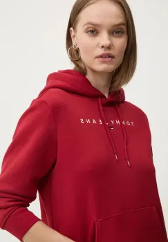 Tommy Jeans bluza femei, culoarea bordo, cu gluga, cu imprimeu imagine