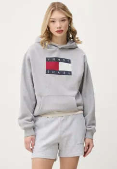 Tommy Jeans bluza femei, culoarea gri, cu gluga, cu imprimeu, DW0DW19407 imagine