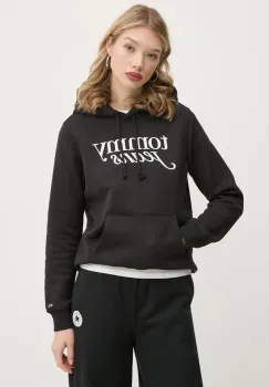 Tommy Jeans bluza femei, culoarea negru, cu gluga, cu imprimeu, DW0DW20170 imagine