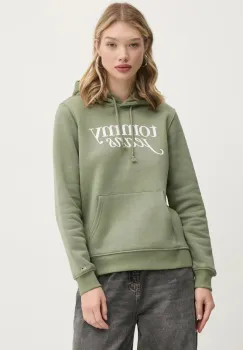 Tommy Jeans bluza femei, culoarea verde, cu gluga, cu imprimeu, DW0DW20170 imagine