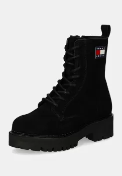 Tommy Jeans botine TJW URBAN LACE UP SUEDE femei, culoarea negru, cu toc plat, EN0EN02630 imagine