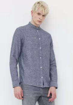 Tommy Jeans camasa din amestec de in culoarea gri, cu guler stand-up, regular imagine