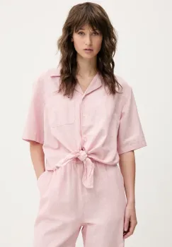 Tommy Jeans camasa din amestec de in femei, culoarea roz, cu guler clasic, relaxed, DW0DW20286 imagine