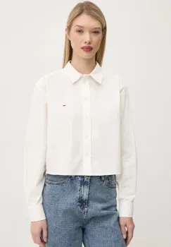 Tommy Jeans camasa din bumbac femei, culoarea alb, cu guler clasic, relaxed, DW0DW19354 imagine