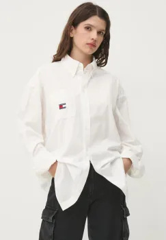 Tommy Jeans camasa din bumbac femei, culoarea alb, cu guler clasic, relaxed, DW0DW19357 imagine