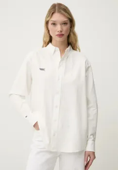 Tommy Jeans camasa din bumbac femei, culoarea bej, cu guler clasic, relaxed, DW0DW19358 imagine