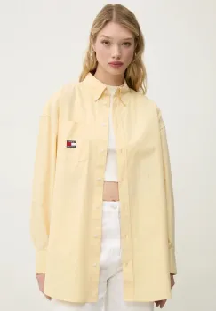 Tommy Jeans camasa din bumbac femei, culoarea galben, cu guler clasic, relaxed, DW0DW19357 imagine