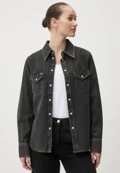 Tommy Jeans camasa din bumbac femei, culoarea gri, cu guler clasic, regular, DW0DW20179 imagine