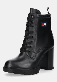 Tommy Jeans cizme de piele TJW HEEL LACE UP BOOT culoarea negru, cu toc drept, EN0EN02832 imagine