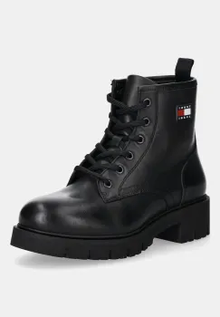 Tommy Jeans cizme de piele TJW LACE UP LEATHER BOOT culoarea negru, cu toc plat, EN0EN02824 imagine