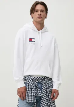 Tommy Jeans hanorac de bumbac barbati, culoarea alb, cu gluga, cu imprimeu, DM0DM20500 imagine