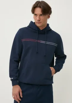 Tommy Jeans hanorac de bumbac barbati, culoarea albastru marin, cu gluga, cu imprimeu, DM0DM20847 imagine