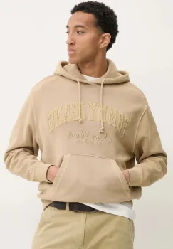 Tommy Jeans hanorac de bumbac barbati, culoarea bej, cu gluga, cu imprimeu, DM0DM20263 imagine