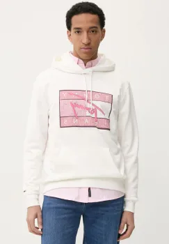 Tommy Jeans hanorac de bumbac barbati, culoarea bej, cu gluga, cu imprimeu, DM0DM21100 imagine