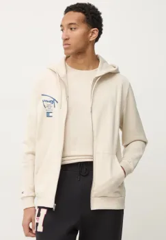 Tommy Jeans hanorac de bumbac barbati, culoarea bej, cu gluga, cu imprimeu, DM0DM21101 imagine
