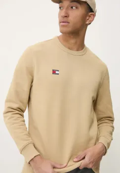 Tommy Jeans hanorac de bumbac barbati, culoarea bej, cu imprimeu, DM0DM20660 imagine
