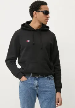 Tommy Jeans hanorac de bumbac barbati, culoarea negru, cu gluga, uni, DM0DM20258 imagine